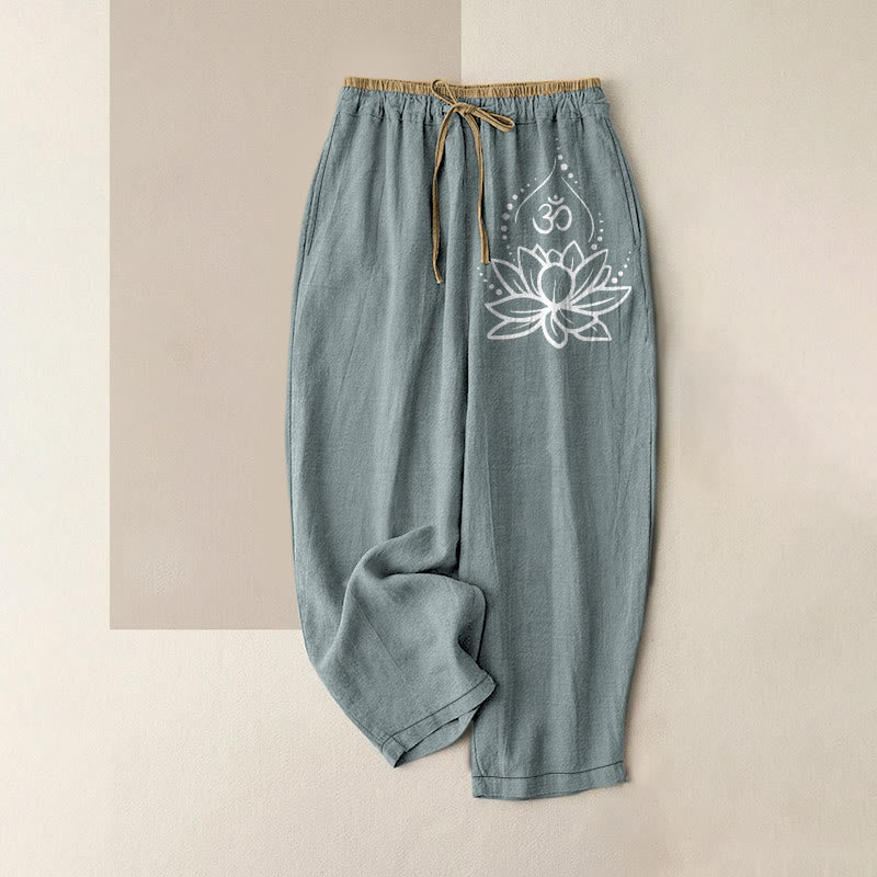 Buddha Stones 純綿素材、蓮の花柄（OM）模様、ウエストゴム入り、ポケット付きレディースパンツ - カデットブルー - US16、 UK/AU20、 EU48 (3XL) - image 4
