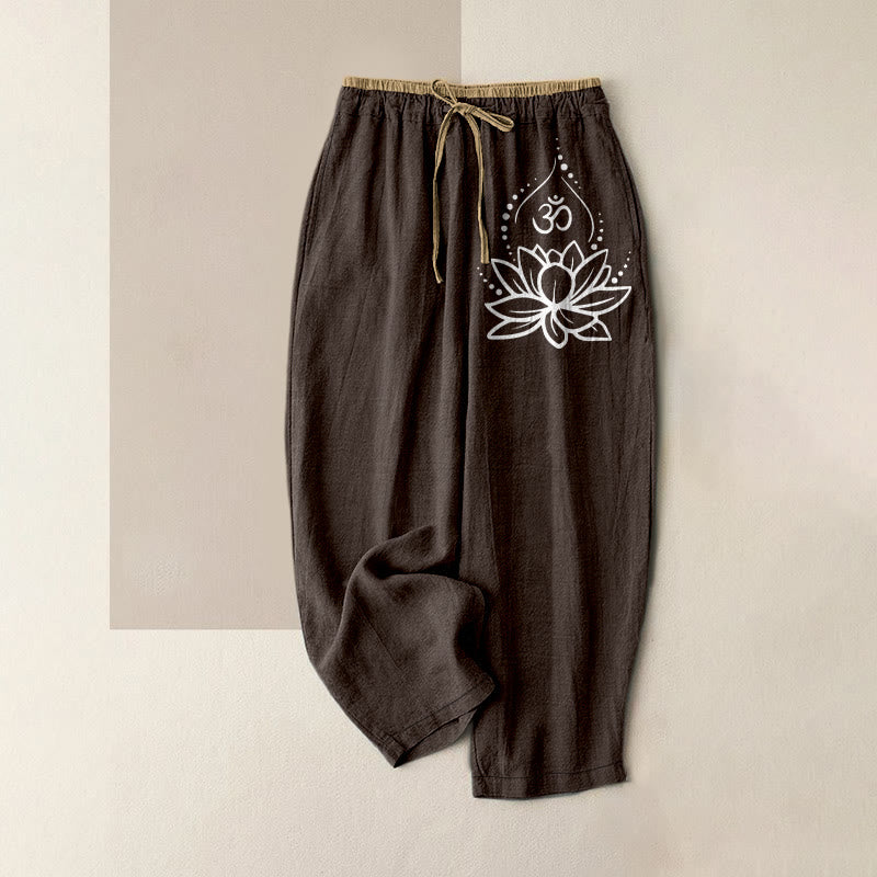 Buddha Stones 純綿素材、蓮の花柄（OM）模様、ウエストゴム入り、ポケット付きレディースパンツ - サドルブラウン - US16、 UK/AU20、 EU48 (3XL) - image 5