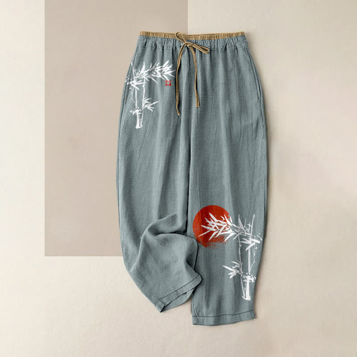 Buddha Stones 純綿インク竹赤太陽柄レディースゴムウエストパンツ（ポケット付き） - カデットブルー - US16、 UK/AU20、 EU48 (3XL) - image 0