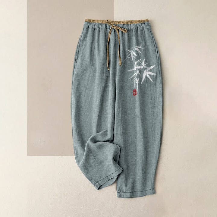 Buddha Stones 純綿素材、禅柄、白竹模様、レディース、ウエストゴム、ポケット付きパンツ - カデットブルー - US16、 UK/AU20、 EU48 (3XL) - image 0