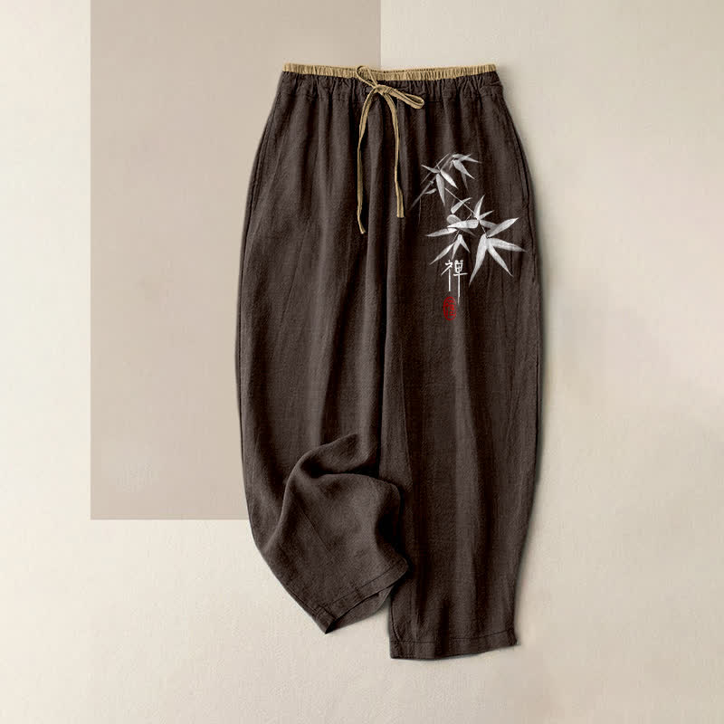 Buddha Stones 純綿素材、禅柄、白竹模様、レディース、ウエストゴム、ポケット付きパンツ - サドルブラウン - US16、 UK/AU20、 EU48 (3XL) - image 6