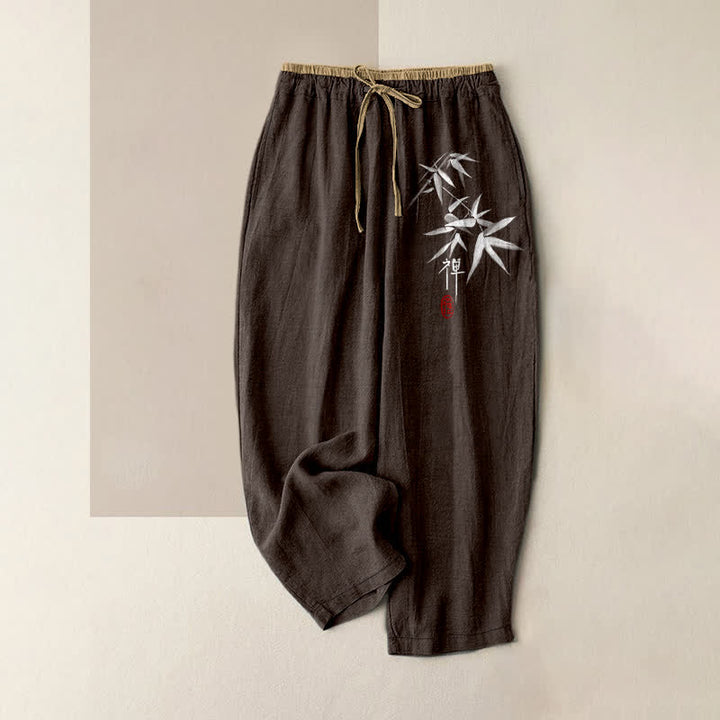 Buddha Stones 純綿素材、禅柄、白竹模様、レディース、ウエストゴム、ポケット付きパンツ - サドルブラウン - US16、 UK/AU20、 EU48 (3XL) - image 6