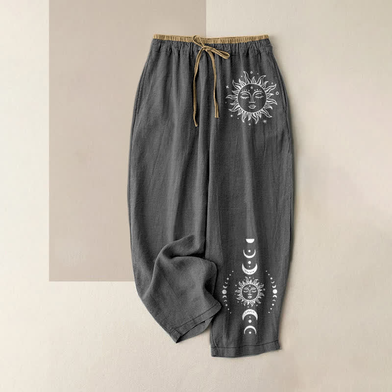 Buddha Stones 純綿素材、太陽・月・星柄のレディース用ゴムウエストパンツ（ポケット付き） - 薄暗い灰色 - US16、 UK/AU20、 EU48 (3XL) - image 4