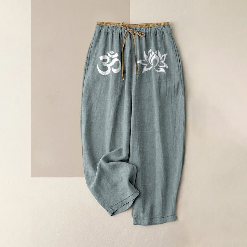 Buddha Stones 純綿素材、白地にOMと蓮の模様が入ったレディース用ゴムウエストパンツ（ポケット付き） - カデットブルー - US16、 UK/AU20、 EU48 (3XL) - image 4