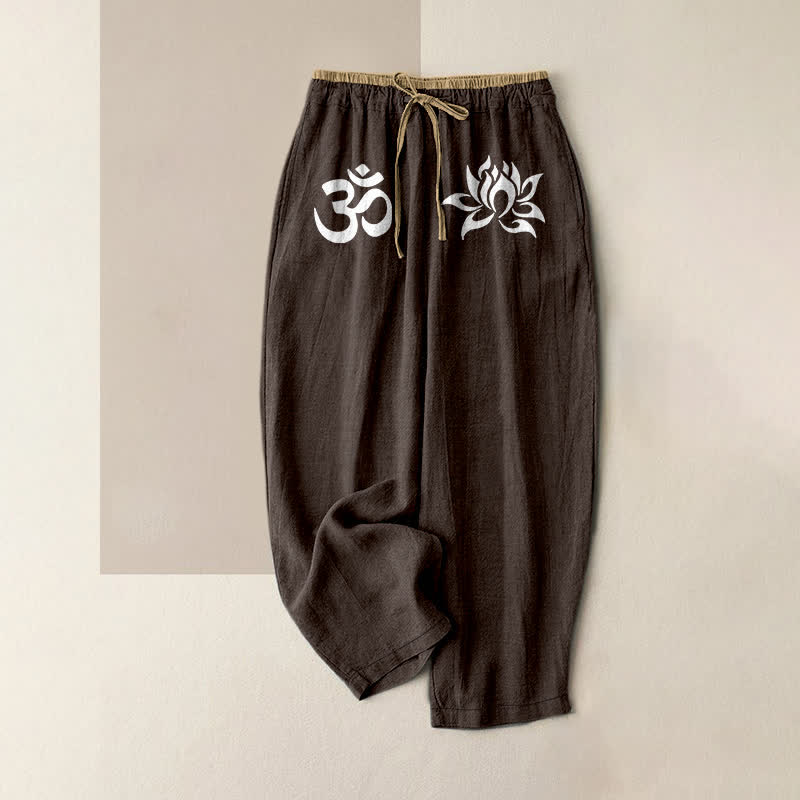 Buddha Stones 純綿素材、白地にOMと蓮の模様が入ったレディース用ゴムウエストパンツ（ポケット付き） - サドルブラウン - US16、 UK/AU20、 EU48 (3XL) - image 5
