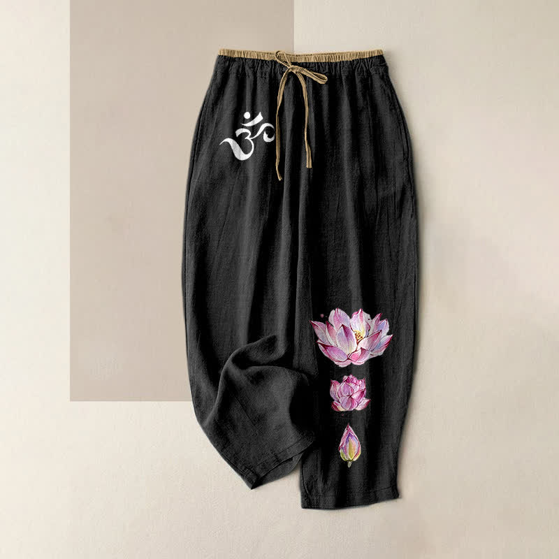 Buddha Stones 純綿OMピンクロータス柄レディースゴムウエストパンツ（ポケット付き） - 黒 - US16、 UK/AU20、 EU48 (3XL) - image 0