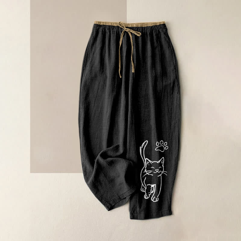 Buddha Stones 純綿素材、猫柄、ウエストゴム、ポケット付きレディースパンツ - 黒 - US16、 UK/AU20、 EU48 (3XL) - image 0