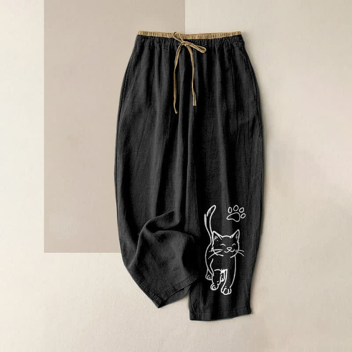 Buddha Stones 純綿素材、猫柄、ウエストゴム、ポケット付きレディースパンツ - 黒 - US16、 UK/AU20、 EU48 (3XL) - image 0