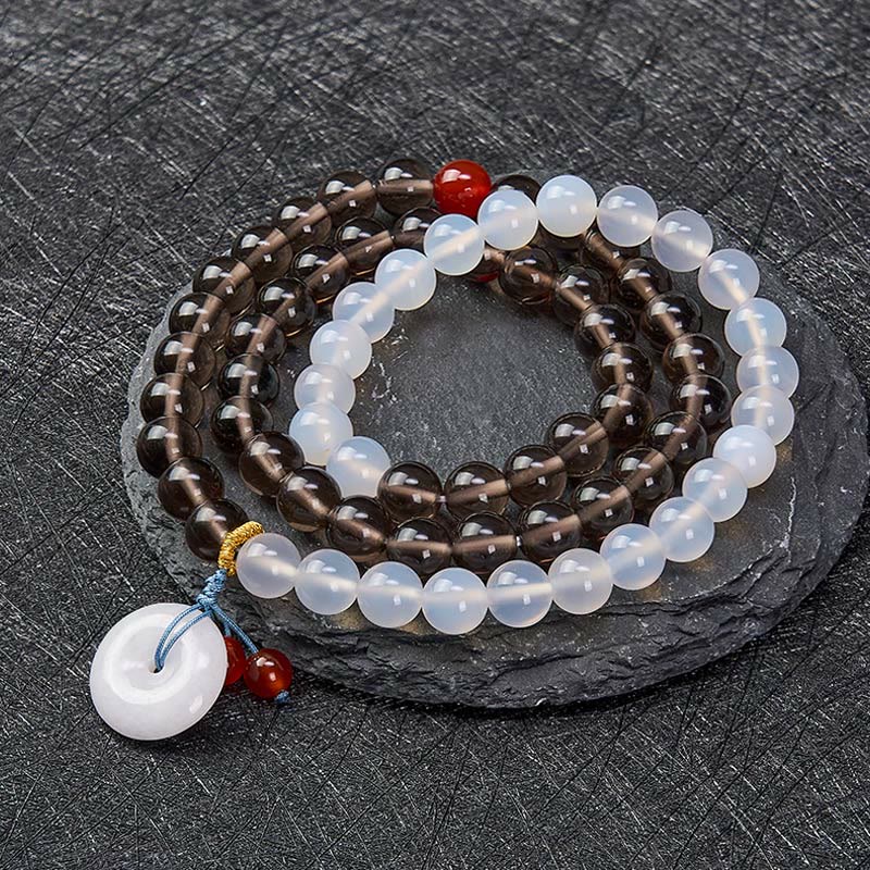 Buddha Stones アイスオブシディアンとホワイトカルセドニーの平和のお守りチャームセレニティマルチラップブレスレット - image 1