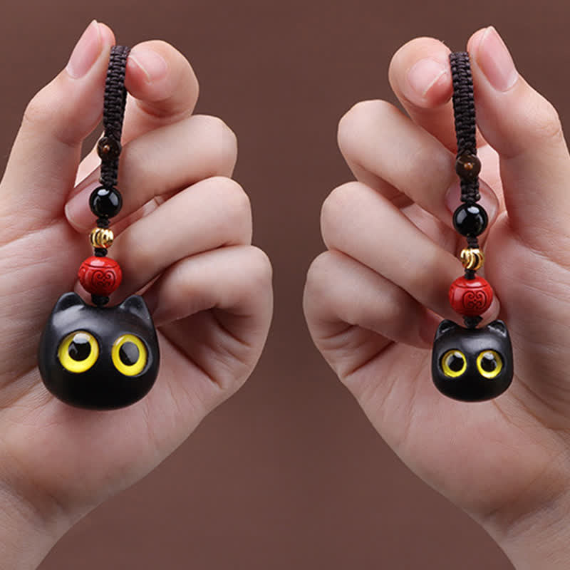 Buddha Stones 黒檀のかわいい猫のグラウンディングピースキーホルダー（手彫り） - image 7
