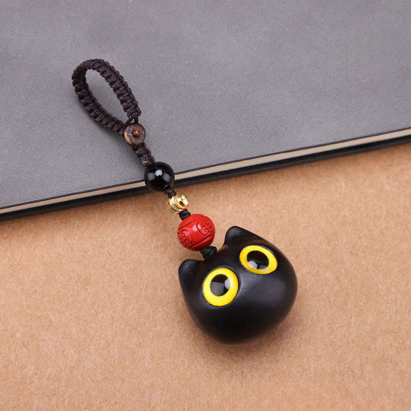 Buddha Stones 黒檀のかわいい猫のグラウンディングピースキーホルダー（手彫り） - 大型猫用編み込みロープ - image 1