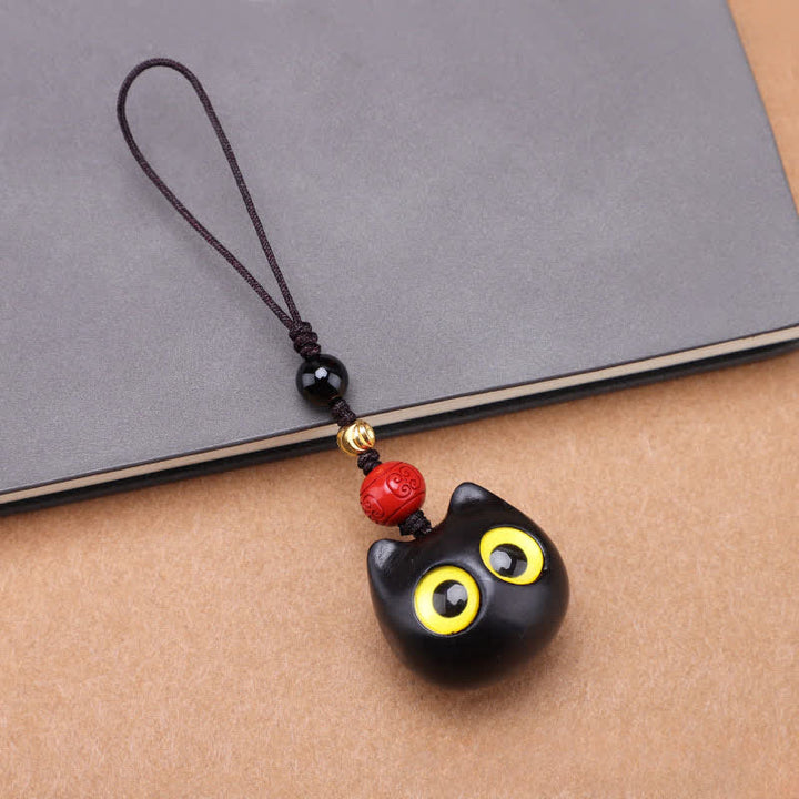 Buddha Stones 黒檀のかわいい猫のグラウンディングピースキーホルダー（手彫り） - 大型猫用無地ロープ - image 9
