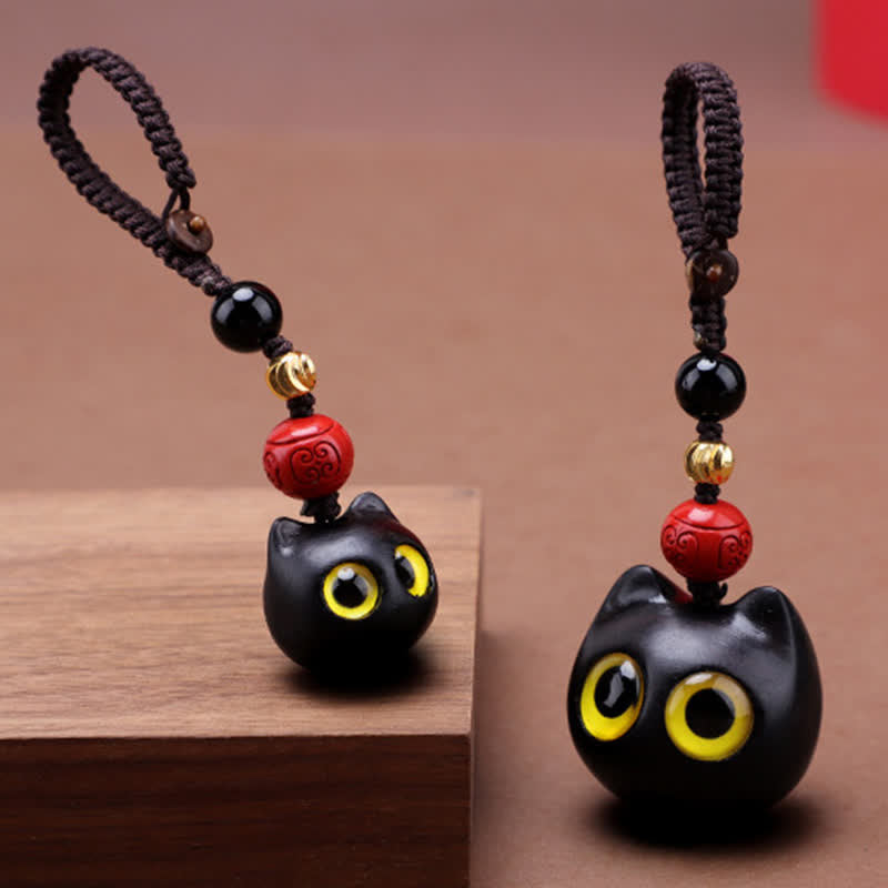 Buddha Stones 黒檀のかわいい猫のグラウンディングピースキーホルダー（手彫り） - image 0