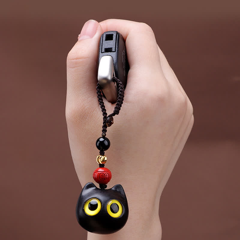 Buddha Stones 黒檀のかわいい猫のグラウンディングピースキーホルダー（手彫り） - image 3