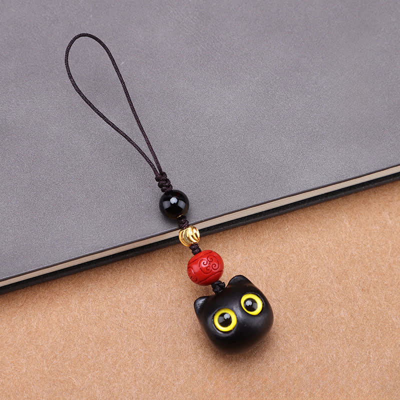 Buddha Stones 黒檀のかわいい猫のグラウンディングピースキーホルダー（手彫り） - 小型猫用無地ロープ - image 12