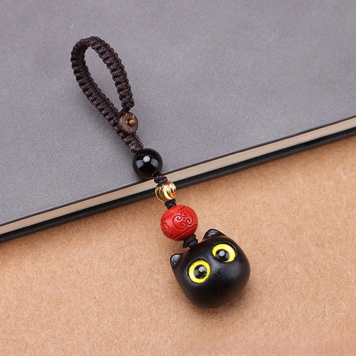 Buddha Stones 黒檀のかわいい猫のグラウンディングピースキーホルダー（手彫り） - 小型猫用編み込みロープ - image 6