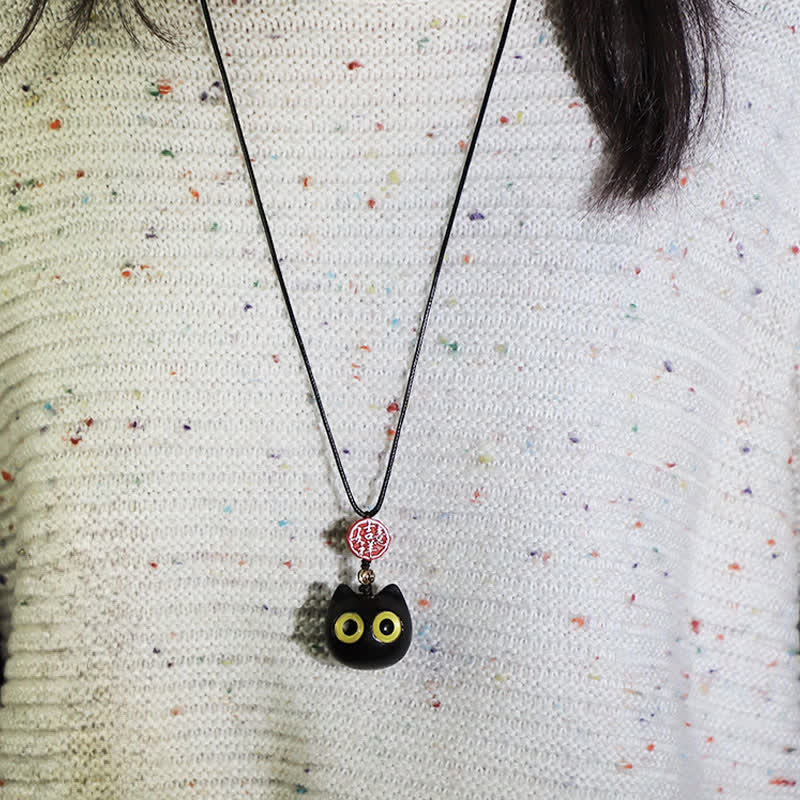 Buddha Stones 黒檀と赤檀の招き猫の調節可能なバランスネックレス - image 7