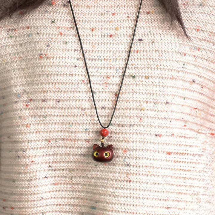 Buddha Stones 黒檀と赤檀の招き猫の調節可能なバランスネックレス - image 15