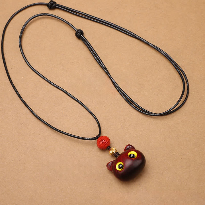 Buddha Stones 黒檀と赤檀の招き猫の調節可能なバランスネックレス - image 13