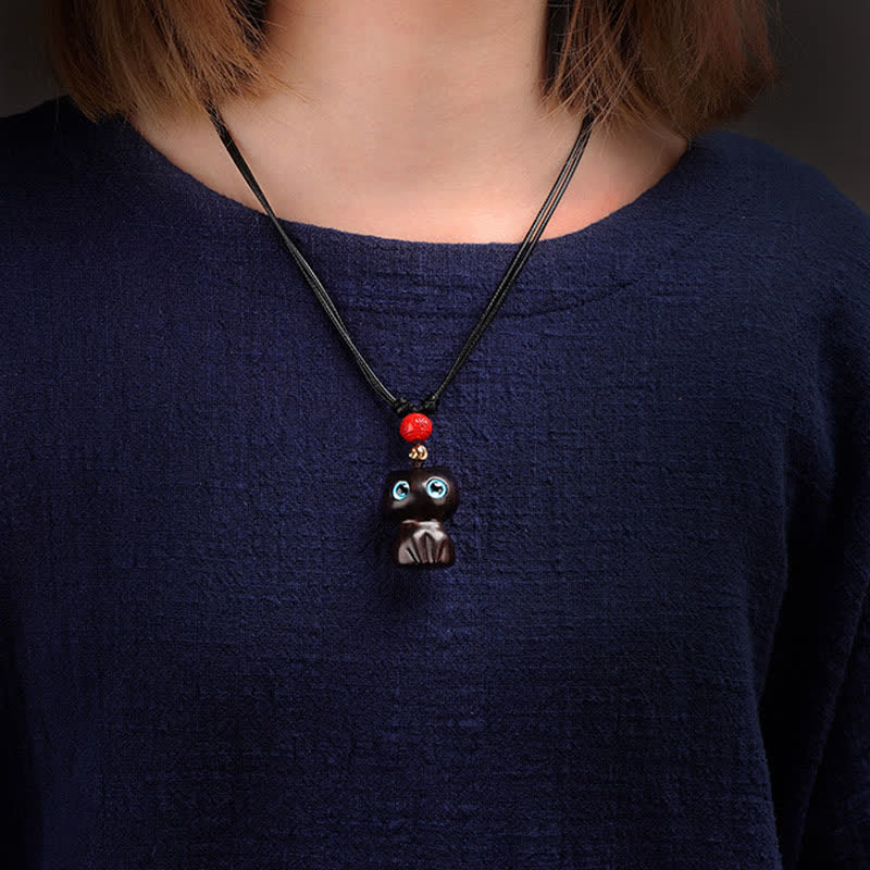 Buddha Stones 黒檀と赤檀のかわいい猫の落ち着いたネックレス - image 4