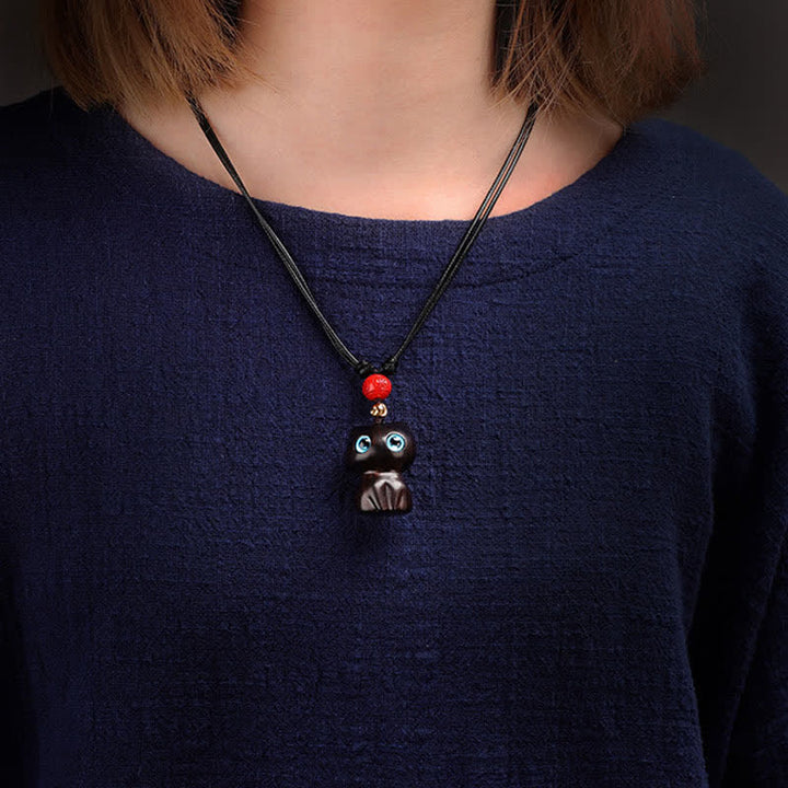 Buddha Stones 黒檀と赤檀のかわいい猫の落ち着いたネックレス - image 4