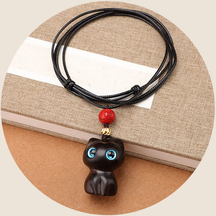 Buddha Stones 黒檀と赤檀のかわいい猫の落ち着いたネックレス - image 3