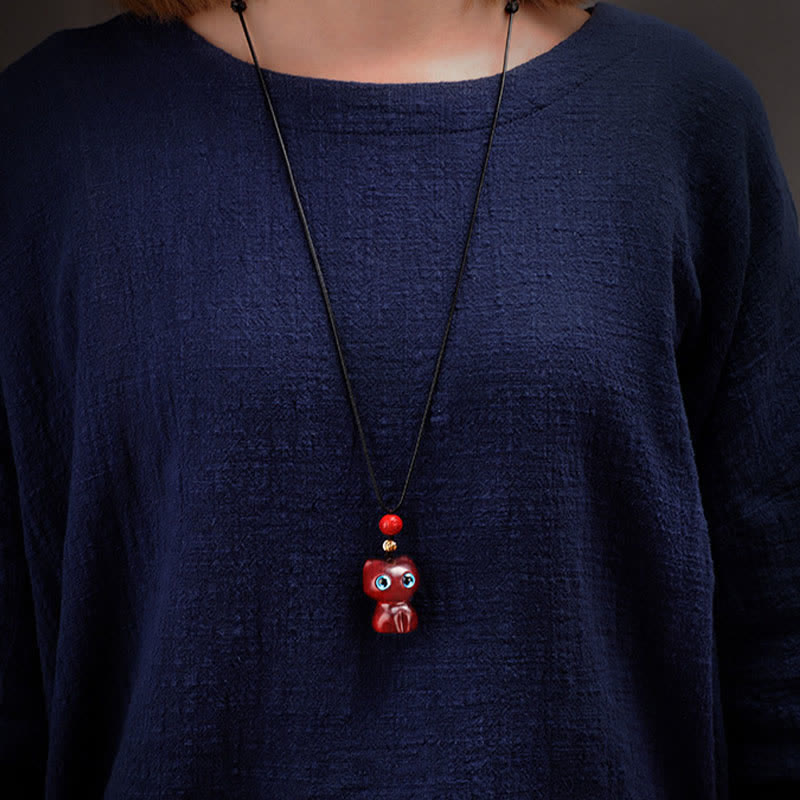 Buddha Stones 黒檀と赤檀のかわいい猫の落ち着いたネックレス - image 10