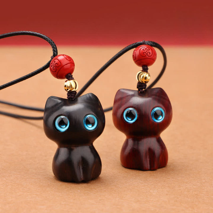 Buddha Stones 黒檀と赤檀のかわいい猫の落ち着いたネックレス - image 0