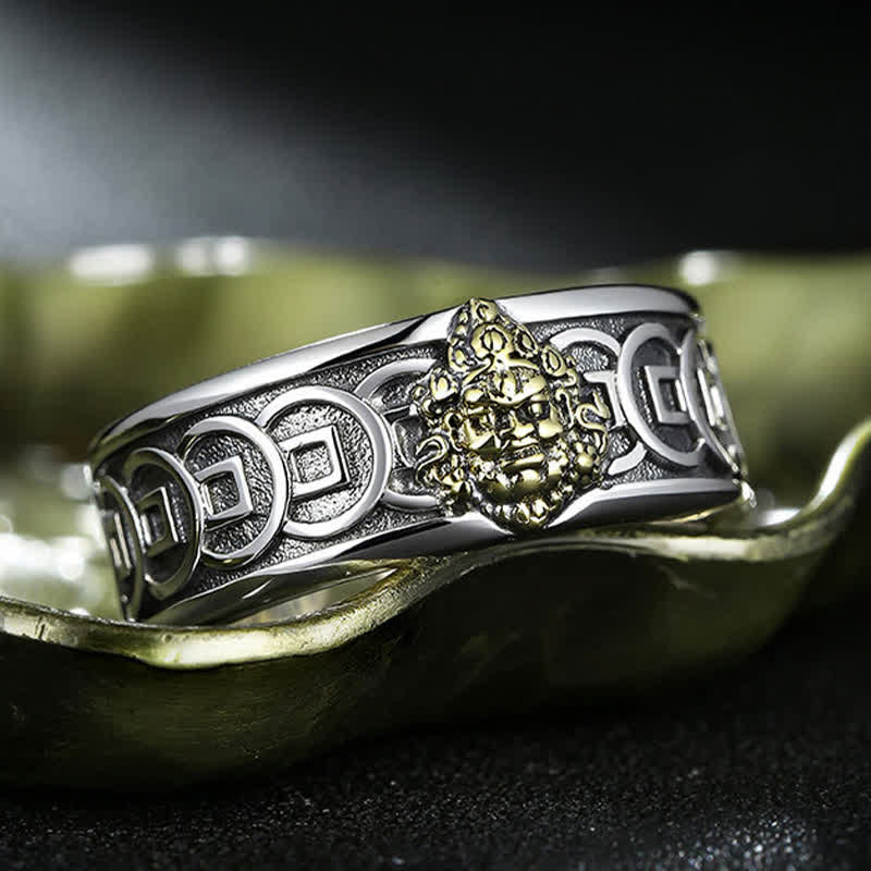 Buddha Stones チベット銅メッキ、シルバーイエローのジャンバラ保護調節リング - image 4