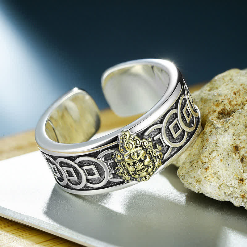Buddha Stones チベット銅メッキ、シルバーイエローのジャンバラ保護調節リング - image 1