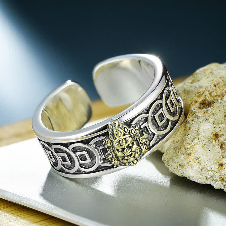Buddha Stones チベット銅メッキ、シルバーイエローのジャンバラ保護調節リング - image 1