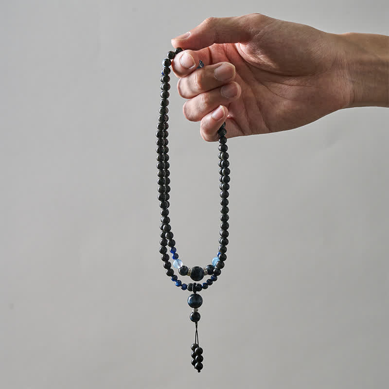 Buddha Stones、黒曜石、保護、手作り、丸型タッセル、108マーラー数珠 - image 6