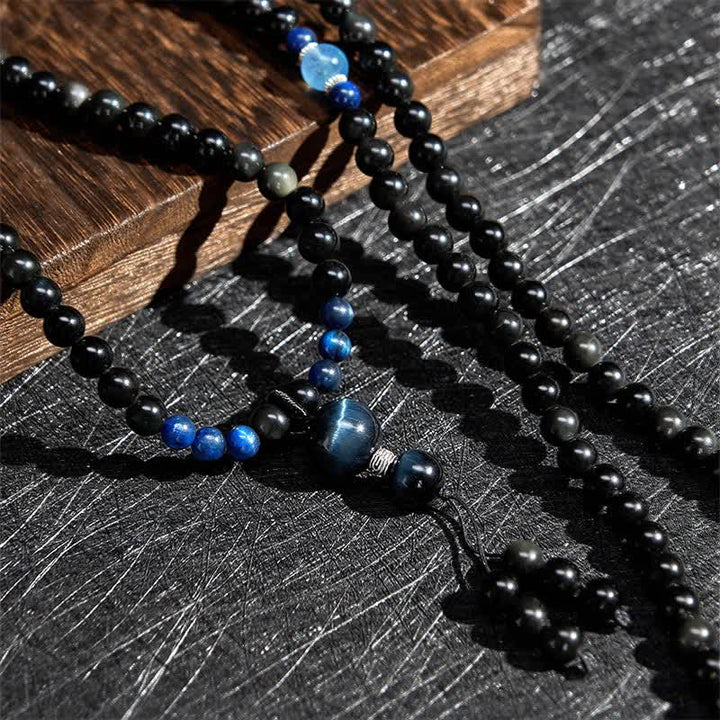 Buddha Stones、黒曜石、保護、手作り、丸型タッセル、108マーラー数珠 - image 4