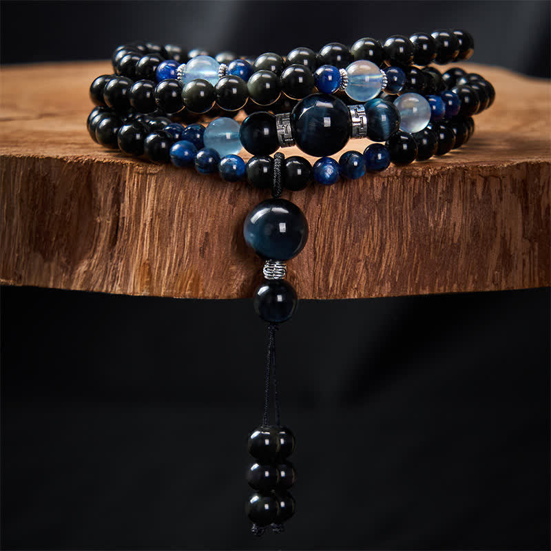 Buddha Stones、黒曜石、保護、手作り、丸型タッセル、108マーラー数珠 - image 2