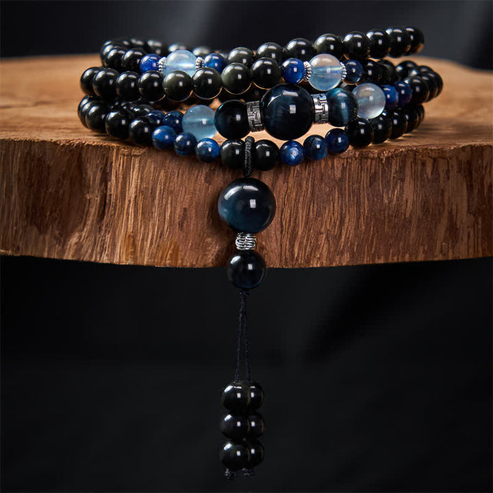 Buddha Stones、黒曜石、保護、手作り、丸型タッセル、108マーラー数珠 - image 2