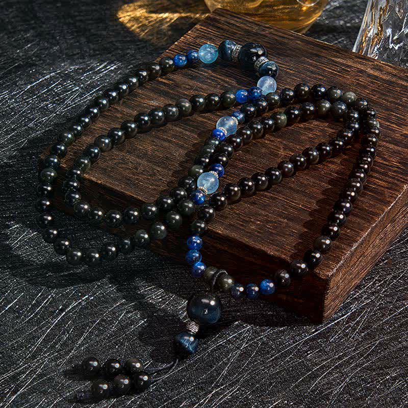 Buddha Stones、黒曜石、保護、手作り、丸型タッセル、108マーラー数珠 - image 1