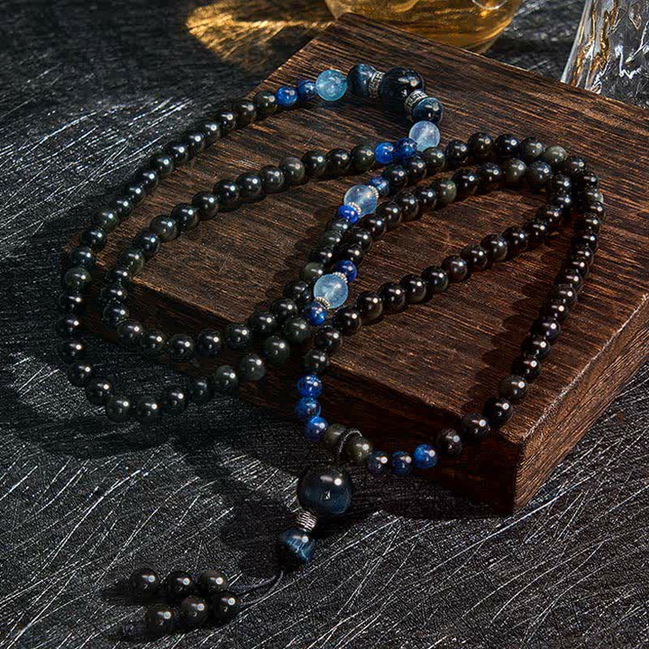 Buddha Stones、黒曜石、保護、手作り、丸型タッセル、108マーラー数珠 - image 1