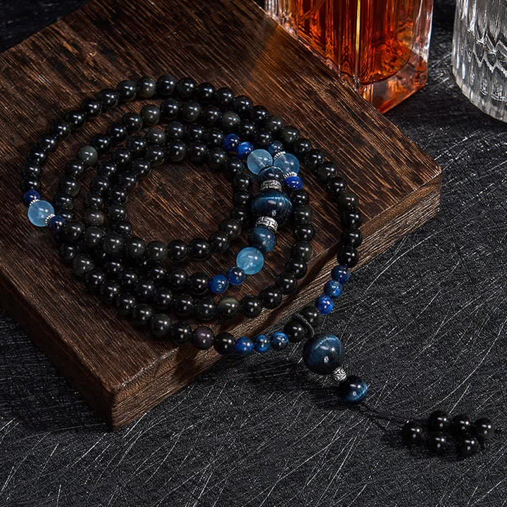 Buddha Stones、黒曜石、保護、手作り、丸型タッセル、108マーラー数珠 - 黒曜石（保護♥グラウンディング） - image 0