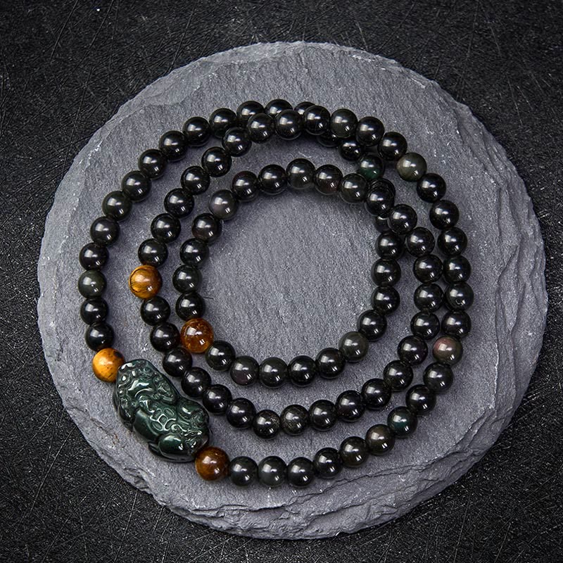 Buddha Stones 貔貅（ひきゅう）レインボーオブシディアン（黒曜石）富の手彫りビーズブレスレット - レインボーオブシディアンビーズ（光の当たり方によって色が変わります） - 6mm - image 0