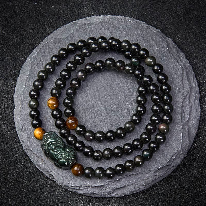Buddha Stones 貔貅（ひきゅう）レインボーオブシディアン（黒曜石）富の手彫りビーズブレスレット - レインボーオブシディアンビーズ（光の当たり方によって色が変わります） - 6mm - image 0