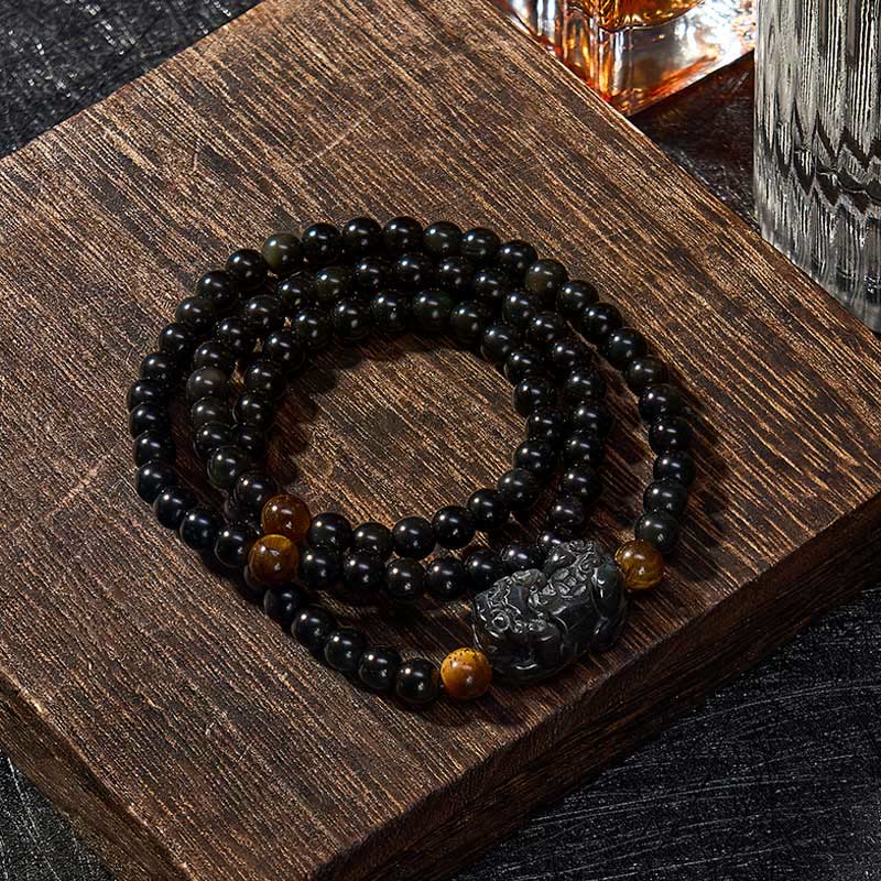 Buddha Stones 貔貅（ひきゅう）レインボーオブシディアン（黒曜石）富の手彫りビーズブレスレット - image 2