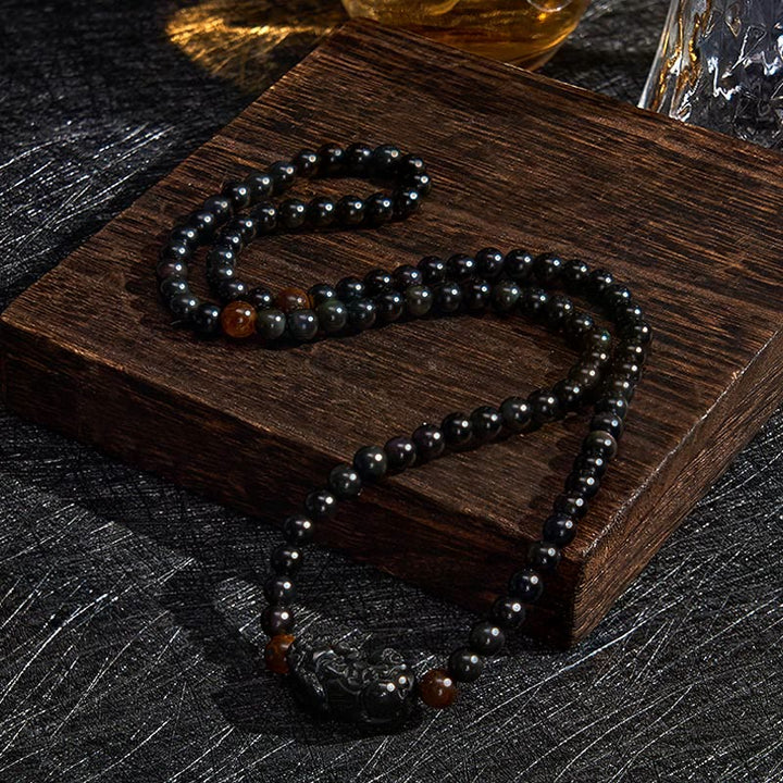 Buddha Stones 貔貅（ひきゅう）レインボーオブシディアン（黒曜石）富の手彫りビーズブレスレット - image 3