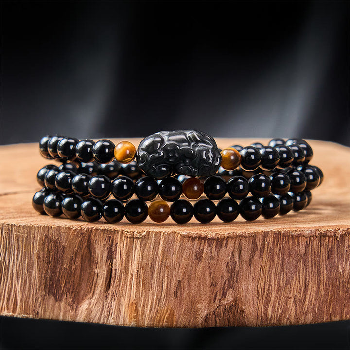 Buddha Stones 貔貅（ひきゅう）レインボーオブシディアン（黒曜石）富の手彫りビーズブレスレット - image 10