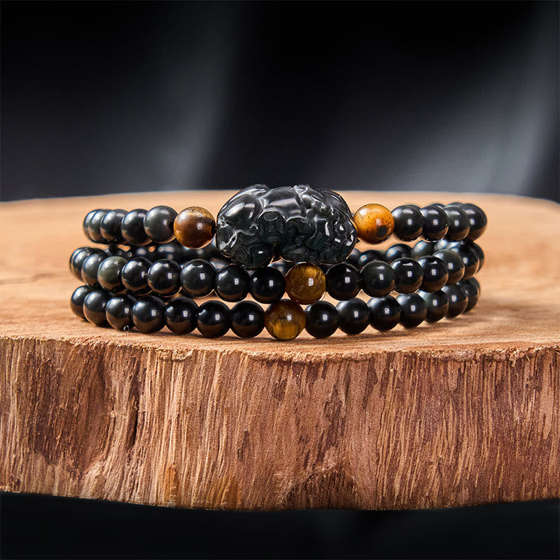 Buddha Stones 貔貅（ひきゅう）レインボーオブシディアン（黒曜石）富の手彫りビーズブレスレット - image 1