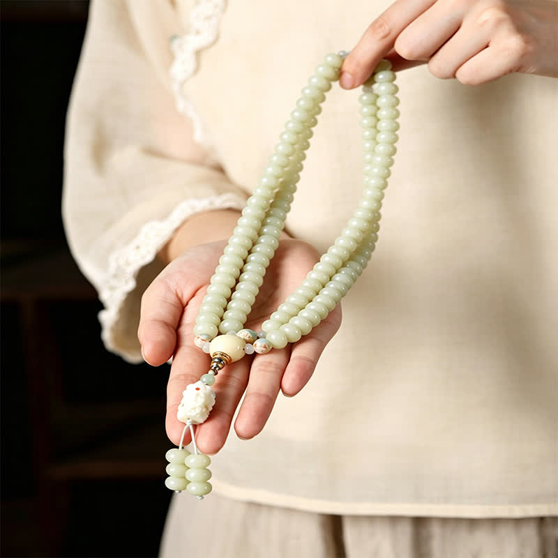 Buddha Stones 白い菩提樹の種をモチーフにした菩薩タラ・ホープの手織りエスニック108マーラー数珠 - image 7