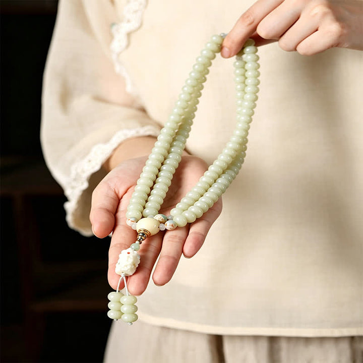 Buddha Stones 白い菩提樹の種をモチーフにした菩薩タラ・ホープの手織りエスニック108マーラー数珠 - image 7