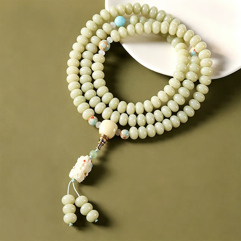 Buddha Stones 白い菩提樹の種をモチーフにした菩薩タラ・ホープの手織りエスニック108マーラー数珠 - image 2