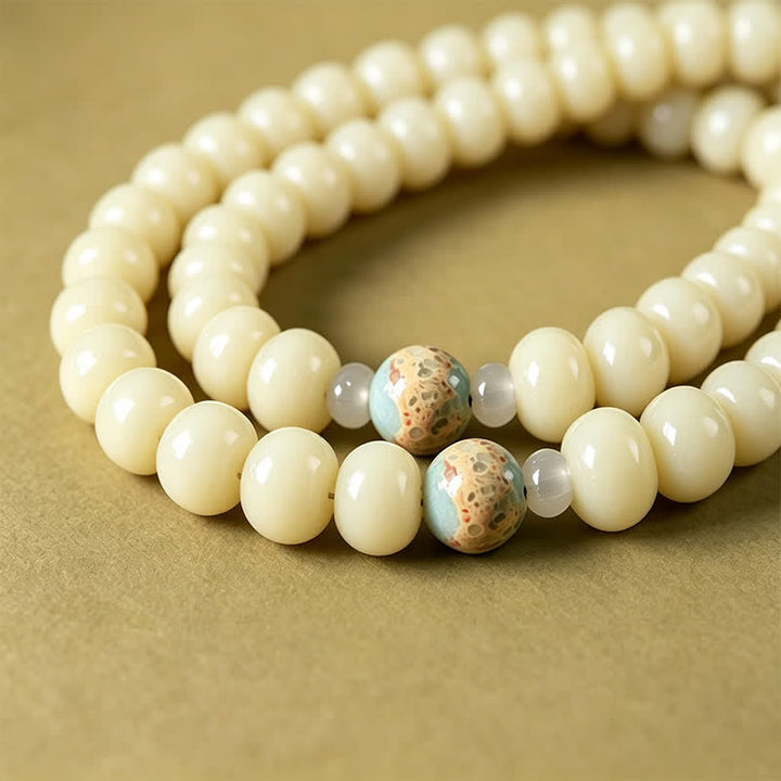 Buddha Stones 白い菩提樹の種をモチーフにした菩薩タラ・ホープの手織りエスニック108マーラー数珠 - image 11
