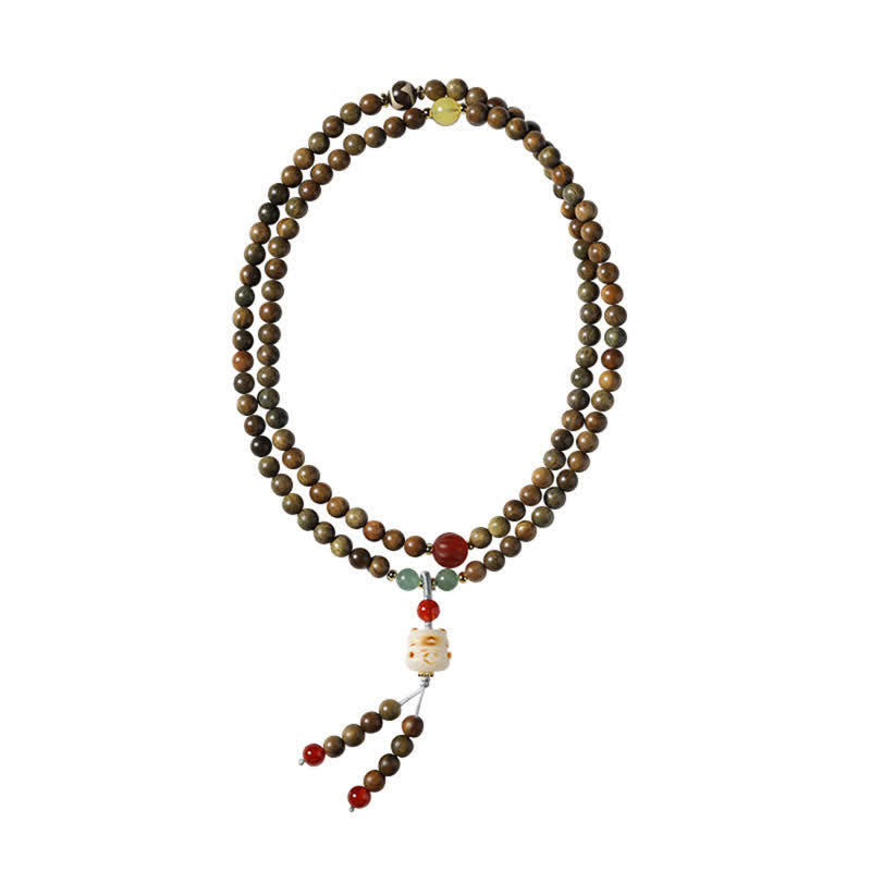 Buddha Stones グリーンサンダルウッドの静寂な手織り猫チャーム レトロエスニックマーラー数珠 - image 7