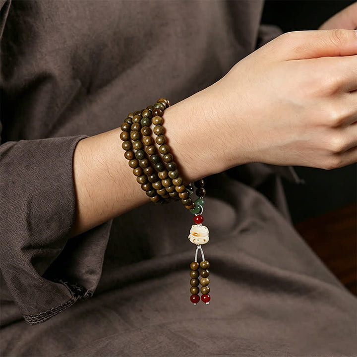 Buddha Stones グリーンサンダルウッドの静寂な手織り猫チャーム レトロエスニックマーラー数珠 - image 8